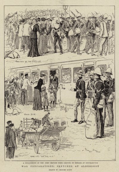 Oorlogsvoorbereidingen, schetsen in Aldershot door Georges Bertin Scott